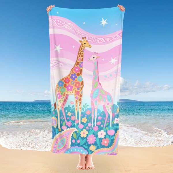 OBOSOE Strandhåndklæde 70x140cm - Blumen - Giraffen in der verträumten Wiese - Badehåndklæde Rejsehåndklæde