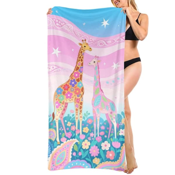 OBOSOE Strandhåndklæde 70x140cm - Blumen - Giraffen in der verträumten Wiese - Badehåndklæde Rejsehåndklæde