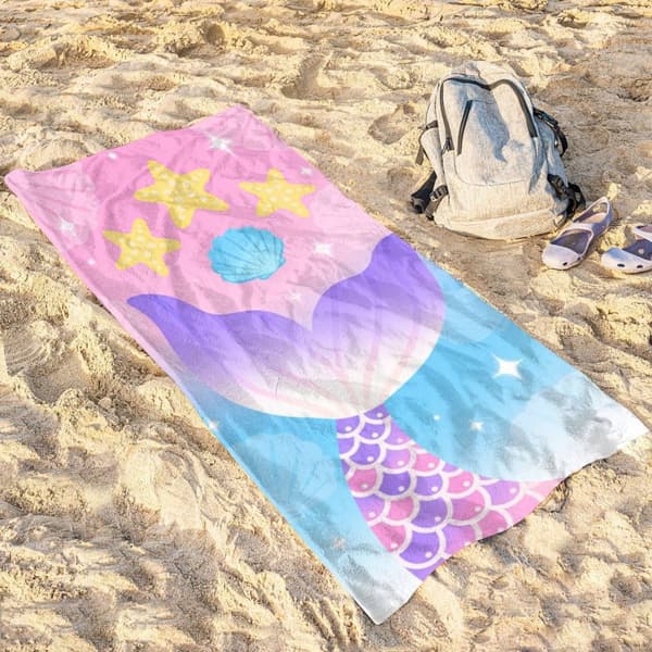 OBOSOE Strandhandduk 70x140cm - Meerjungfrauenschwanz & Seesterne - Badhandduk Reisehandduk