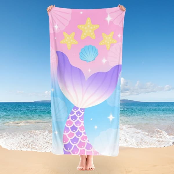 OBOSOE Strandhandduk 70x140cm - Meerjungfrauenschwanz & Seesterne - Badhandduk Reisehandduk