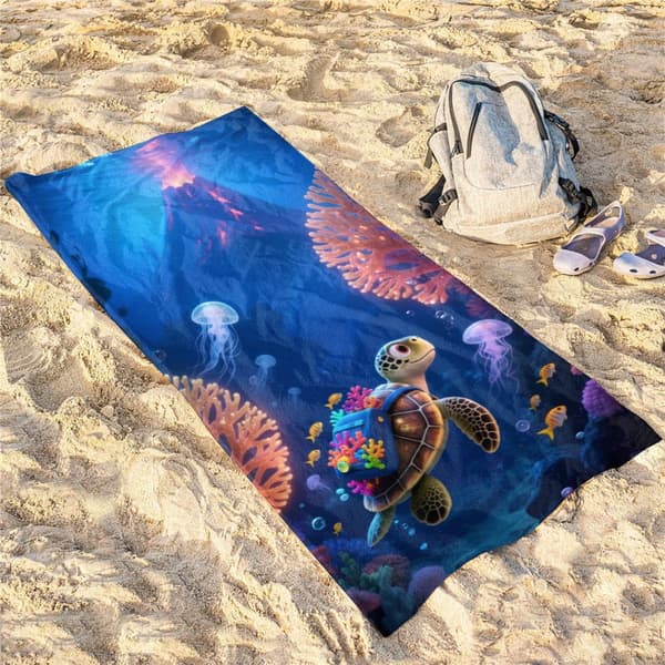 OBOSOE Rantapyyhe 70x140cm - Korallen - Rinkka - Schildkröte im Ozean - Kylpypyyhe Matkapyyhe