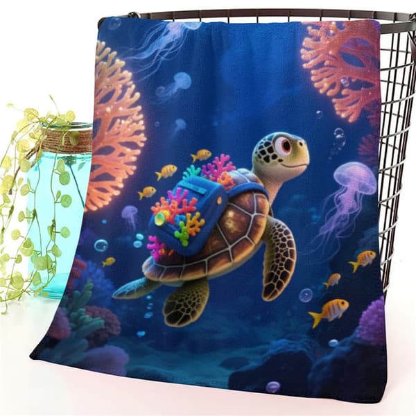 OBOSOE Rantapyyhe 70x140cm - Korallen - Rinkka - Schildkröte im Ozean - Kylpypyyhe Matkapyyhe