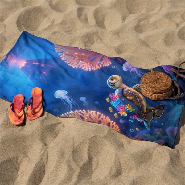 OBOSOE Rantapyyhe 70x140cm - Korallen - Rinkka - Schildkröte im Ozean - Kylpypyyhe Matkapyyhe