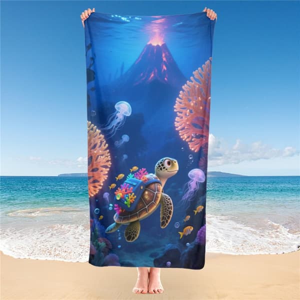 OBOSOE Rantapyyhe 70x140cm - Korallen - Rinkka - Schildkröte im Ozean - Kylpypyyhe Matkapyyhe