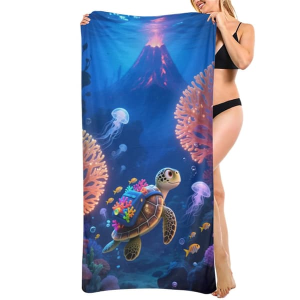 OBOSOE Rantapyyhe 70x140cm - Korallen - Rinkka - Schildkröte im Ozean - Kylpypyyhe Matkapyyhe