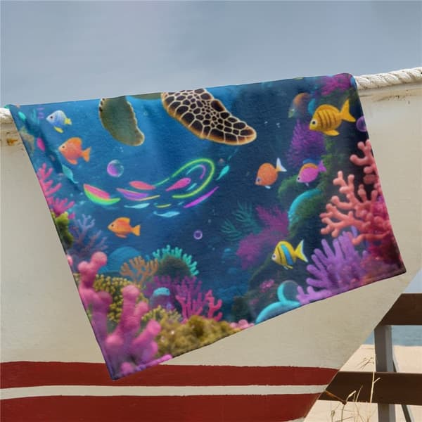 OBOSOE Strandhandduk 70x140cm - Meeresschildkröte in bunter Unterwasserwelt - Badhandduk Reisehandduk