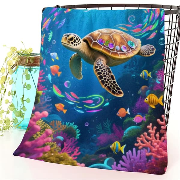 OBOSOE Strandhandduk 70x140cm - Meeresschildkröte in bunter Unterwasserwelt - Badhandduk Reisehandduk