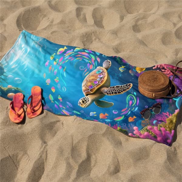 OBOSOE Strandhandduk 70x140cm - Meeresschildkröte in bunter Unterwasserwelt - Badhandduk Reisehandduk