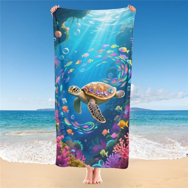 OBOSOE Strandhandduk 70x140cm - Meeresschildkröte in bunter Unterwasserwelt - Badhandduk Reisehandduk