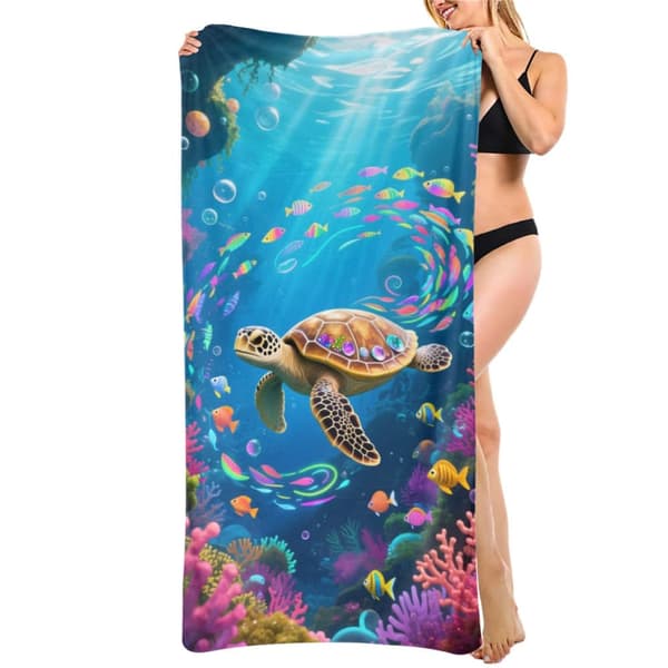 OBOSOE Strandhandduk 70x140cm - Meeresschildkröte in bunter Unterwasserwelt - Badhandduk Reisehandduk