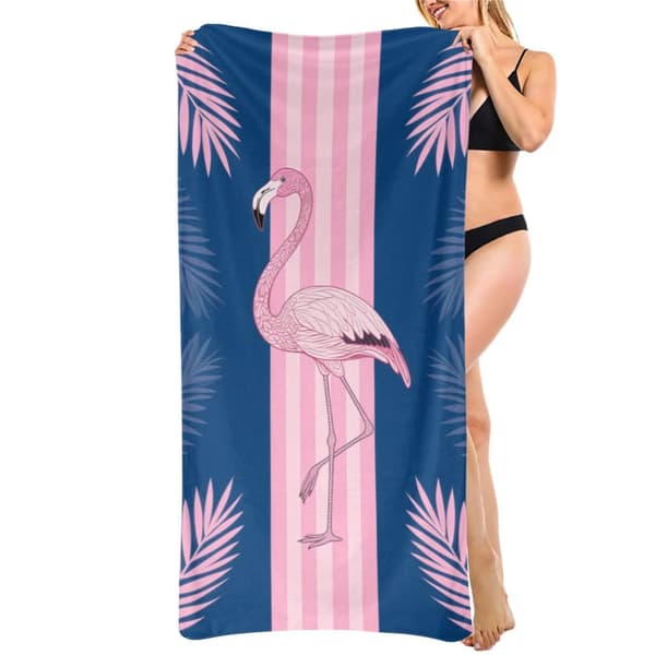 OBOSOE Strandhåndklæde 70x140cm - Flamingo & Palmenblätter im Streifenlook - Badehåndklæde Rejsehåndklæde