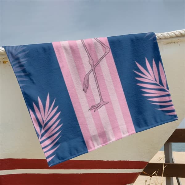 OBOSOE Strandhåndklæde 70x140cm - Flamingo & Palmenblätter im Streifenlook - Badehåndklæde Rejsehåndklæde