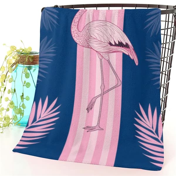 OBOSOE Strandhåndklæde 70x140cm - Flamingo & Palmenblätter im Streifenlook - Badehåndklæde Rejsehåndklæde