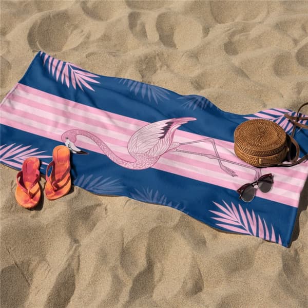 OBOSOE Strandhåndklæde 70x140cm - Flamingo & Palmenblätter im Streifenlook - Badehåndklæde Rejsehåndklæde