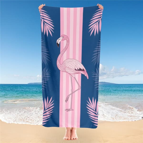 OBOSOE Strandhåndklæde 70x140cm - Flamingo & Palmenblätter im Streifenlook - Badehåndklæde Rejsehåndklæde