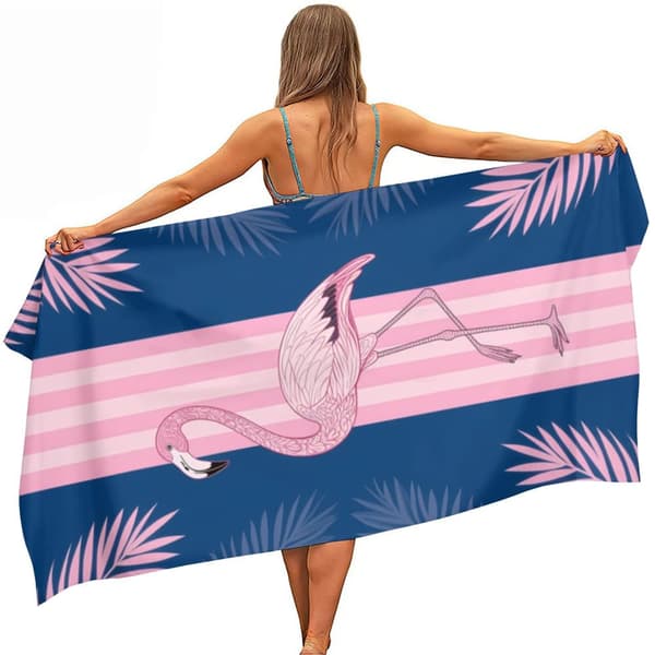 OBOSOE Strandhåndklæde 70x140cm - Flamingo & Palmenblätter im Streifenlook - Badehåndklæde Rejsehåndklæde