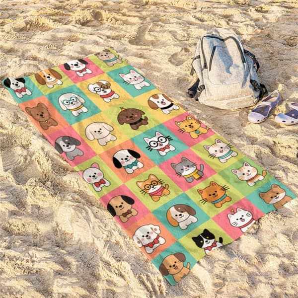 OBOSOE Strandhåndklæde 70x140cm - Bunte Haustier - Köpfe i Karos - Badehåndklæde Rejsehåndklæde
