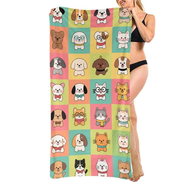 OBOSOE Strandhåndklæde 70x140cm - Bunte Haustier - Köpfe i Karos - Badehåndklæde Rejsehåndklæde