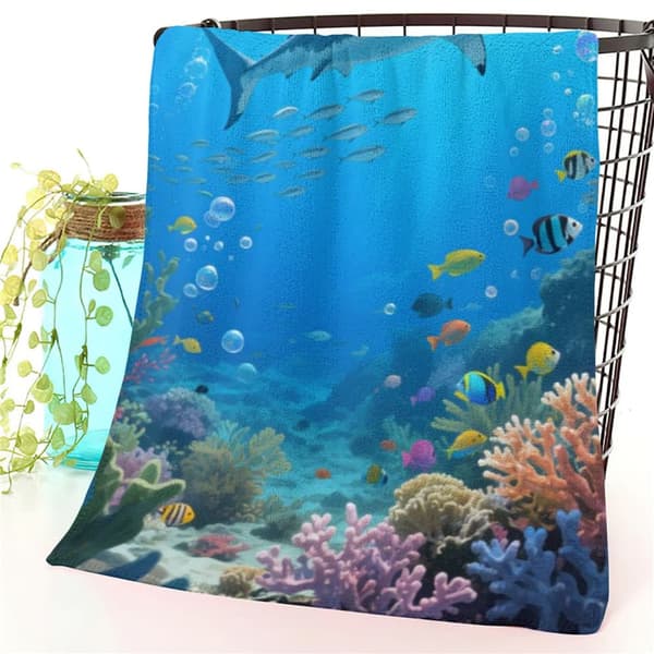 OBOSOE Strandhåndklæde 70x140cm - Hai i bunter Unterwasserwelt - Badehåndklæde Rejsehåndklæde