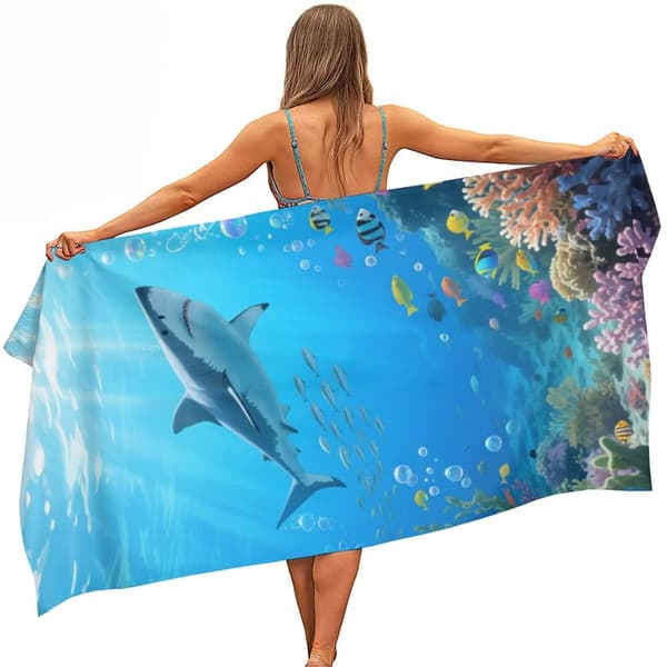 OBOSOE Strandhåndklæde 70x140cm - Hai i bunter Unterwasserwelt - Badehåndklæde Rejsehåndklæde
