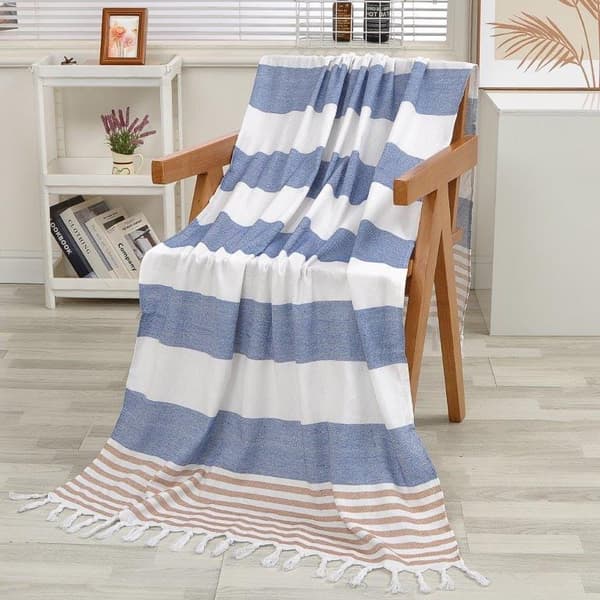 Boho Strandhandduk med Fransar 90x180 cm Vit/Blå