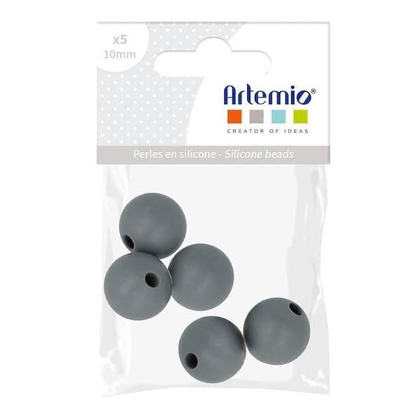 Set med runda silikonpärlor - 10 mm - Grå - 5 st