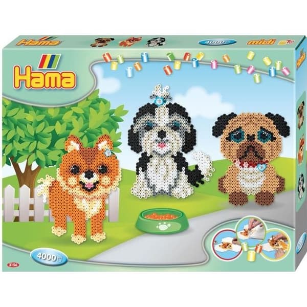 HAMA - Hundgodislåda - 4000 strykpärlor i MIDI-storlek och 3 tallrikar - Kreativa hobbyer från 5 år
