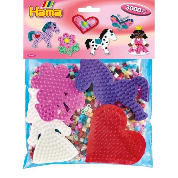 HAMA - Påse med 3000 Midi strykpärlor + 4 tallrikar (prinsesshjärta, ponny, blomma) - Kreativa hobbies Från 5 år