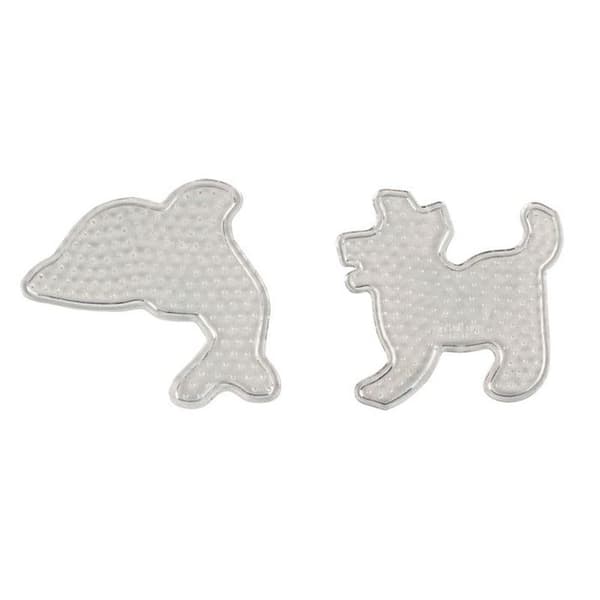 2 genomskinliga tallrikar 9 cm för strykpärlor (delfin, hund) + 2 ark bakplåtspapper 16x19,5 cm