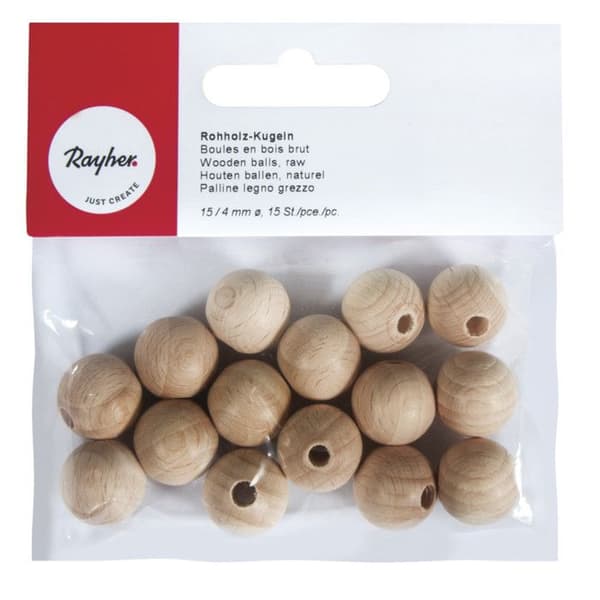Träperla ø 15 mm Hållet boll ø 4 mm 15 stycken