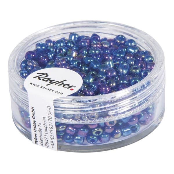 Rocailles, 2,6 mm ø, transparent blank, mörkblå, kartong 17 g