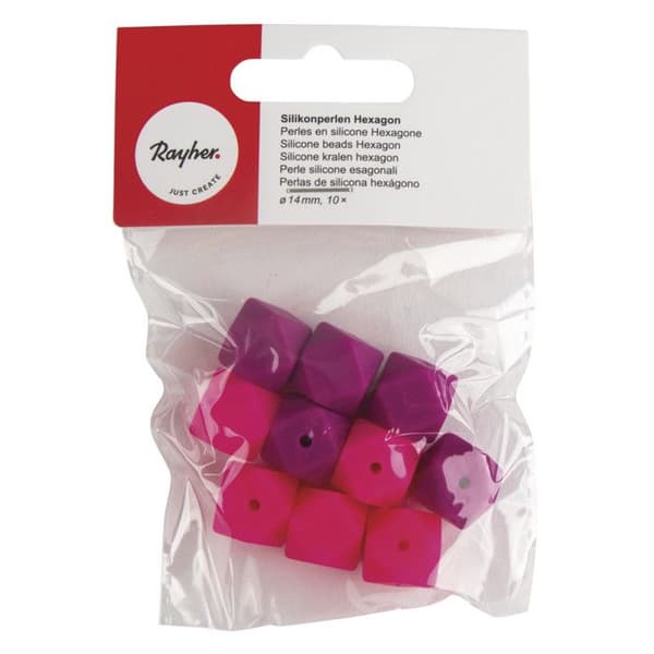 Silikonpärlor - RAYHER - Hexagon - 14mm - Mörkrosa - 10 stycken