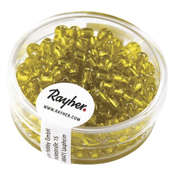 Rocailler med silverkant, 4 mm, gul, kartong 17 g
