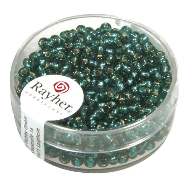 Låda med pärlor - RAYHER - Blå Rocailles - Diameter 2,6 mm - Silverkant - Grön