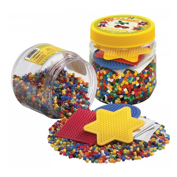 HAMA - Kruka med 4000 perlerpärlor Storlek MIDI och 3 tallrikar (fyrkantig, stjärna, rund) - Kreativ fritid