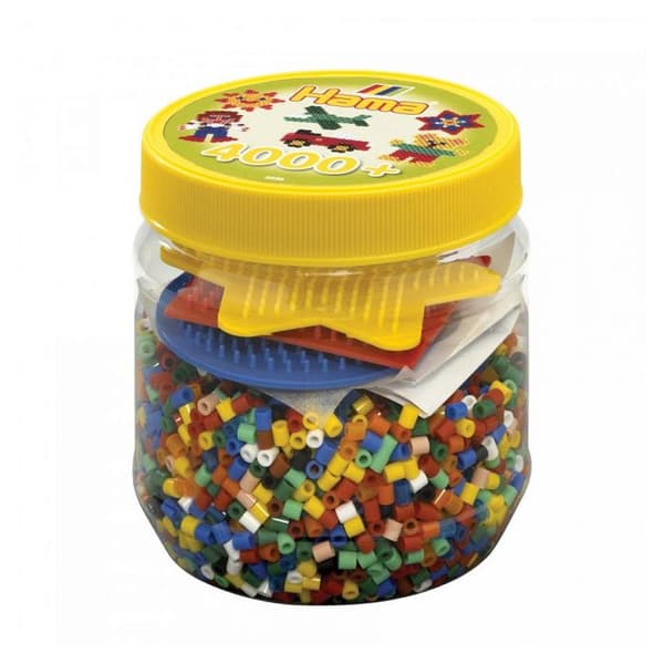 HAMA - Kruka med 4000 perlerpärlor Storlek MIDI och 3 tallrikar (fyrkantig, stjärna, rund) - Kreativ fritid