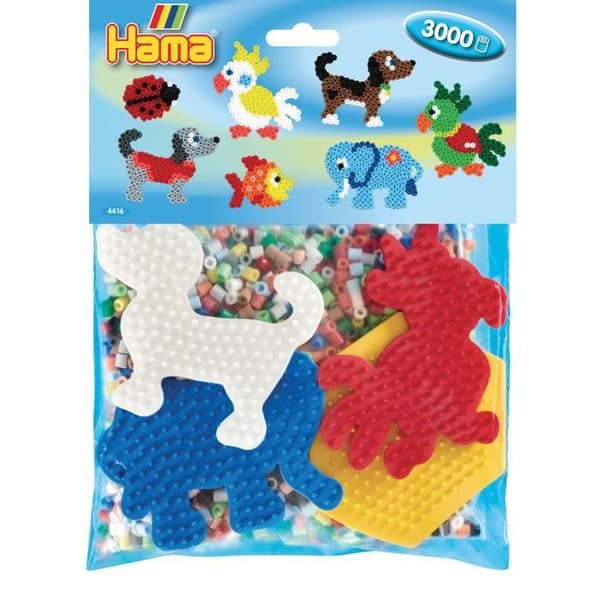 HAMA - Påse med 3000 Midi-strykpärlor + 4 tallrikar (papegoja, hund, elefant, sexkantig) - Kreativa hobbies Från 5 år