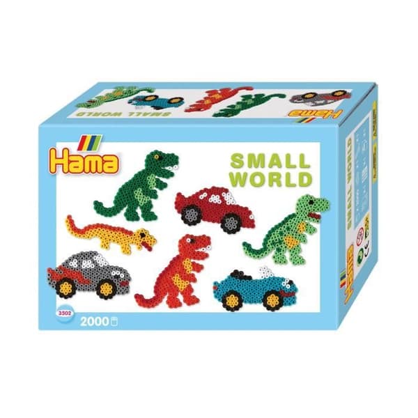 Låda med pärlor - HAMA - Dinosauriernas miniatyrvärld - 2000 pärlor - 2 tallrikar - Flerfärgad