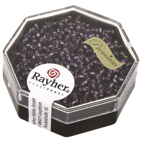 Premium - rocailles, 2,2 mm ø, lila, box 12 g, med silverdetalj