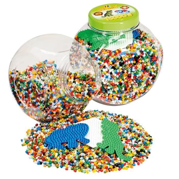 HAMA - Grön kruka med 15 000 strykpärlor i MIDI-storlek och 3 tallrikar (elefant, dinosaurie och sexkantig) - Kreativa hobbyer