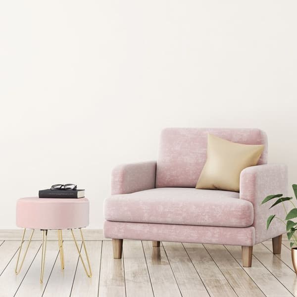Relaxdays pouf coiffeuse, rund, elegant, gyllene metallben, modern, sammetspall, HxD: 40x40 cm, rosa