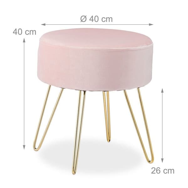 Relaxdays pouf coiffeuse, rund, elegant, gyllene metallben, modern, sammetspall, HxD: 40x40 cm, rosa