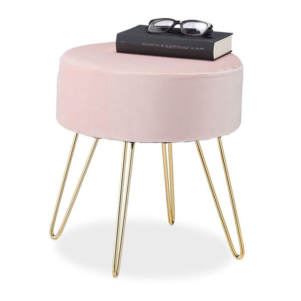 Relaxdays pouf coiffeuse, rund, elegant, gyllene metallben, modern, sammetspall, HxD: 40x40 cm, rosa