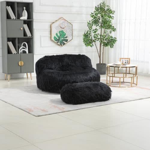 Bekväm Bean Bag-stol med ottoman, modern stoppad fåtölj, mjuk päls ottoman, lat bäddsoffa, svart