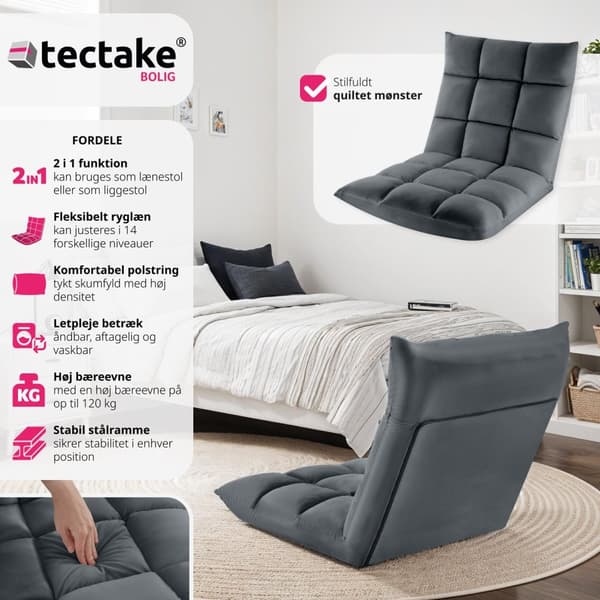 Lænestol Snooze, 2 i 1, velour - grå