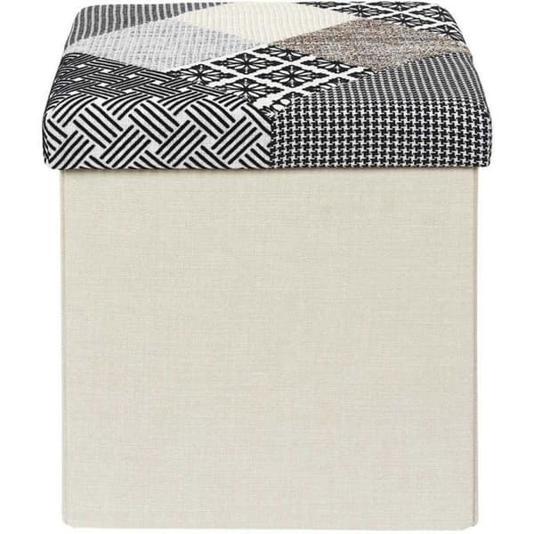 Home Deco Factory HD7491 Puff Vikbar förvaringskista Fyrkantig Patchwork Grå vit svart och beige H38 x 38 x 38 cm