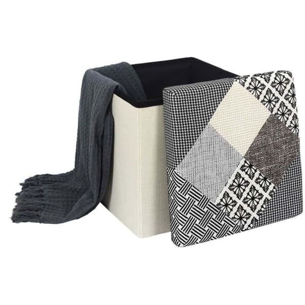 Home Deco Factory HD7491 Puff Vikbar förvaringskista Fyrkantig Patchwork Grå vit svart och beige H38 x 38 x 38 cm