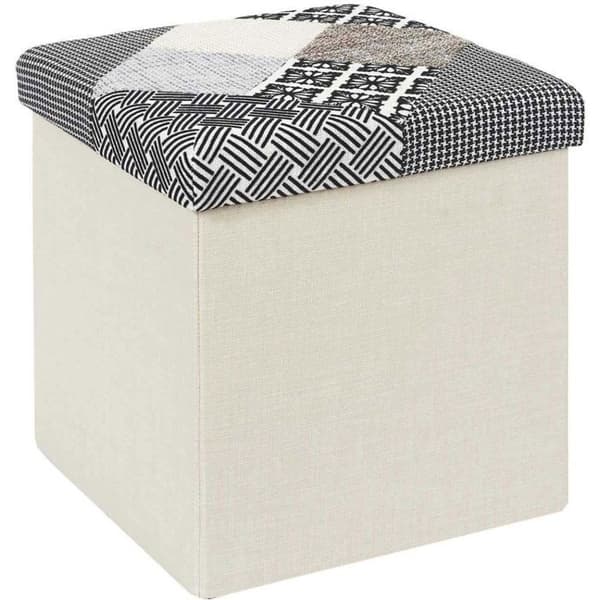 Home Deco Factory HD7491 Puff Vikbar förvaringskista Fyrkantig Patchwork Grå vit svart och beige H38 x 38 x 38 cm