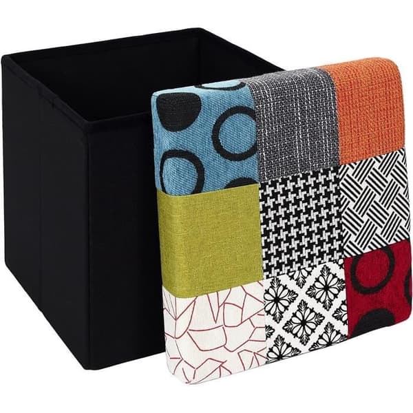 HOME DECO FACTORY HD6506 Fällbar Patchwork Pouf Förvaringsass 2i1, Trä, Flerfärgad, 38x38x38cm46