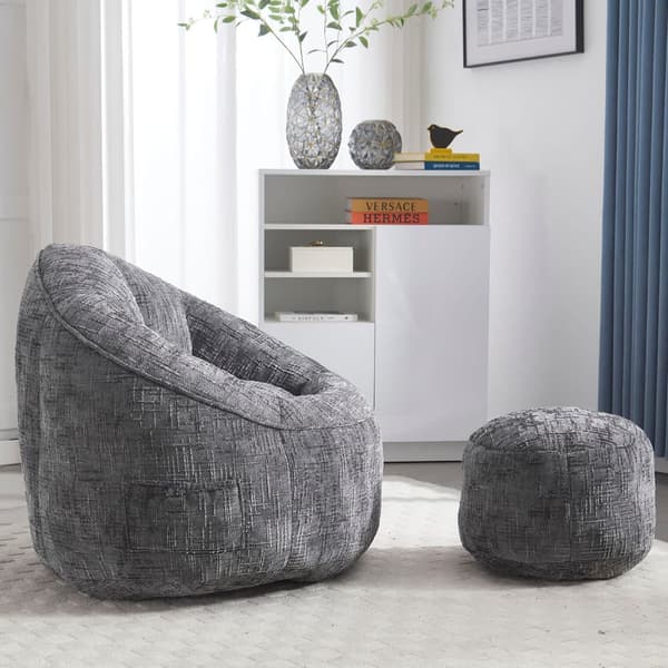 Bean Bag Stolar för Vuxna med Högtrycksskum och Polstrad Skumkudde – Lazy Sofa Stol med Fotpall, Komprimerad och Bekväm i Grå Färg